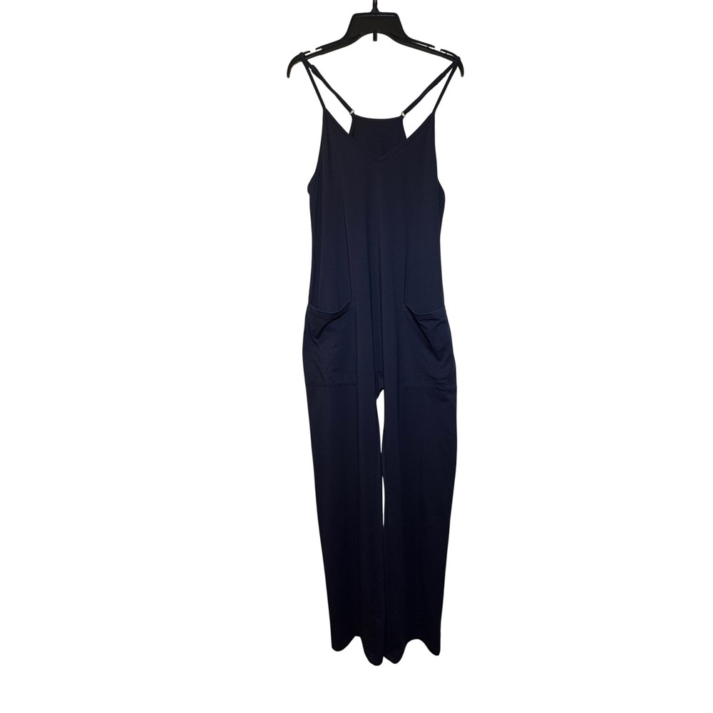 Navy Blue Knit Sleeveless Jumpsuit w/ Adjustable Straps and Pockets - Medium